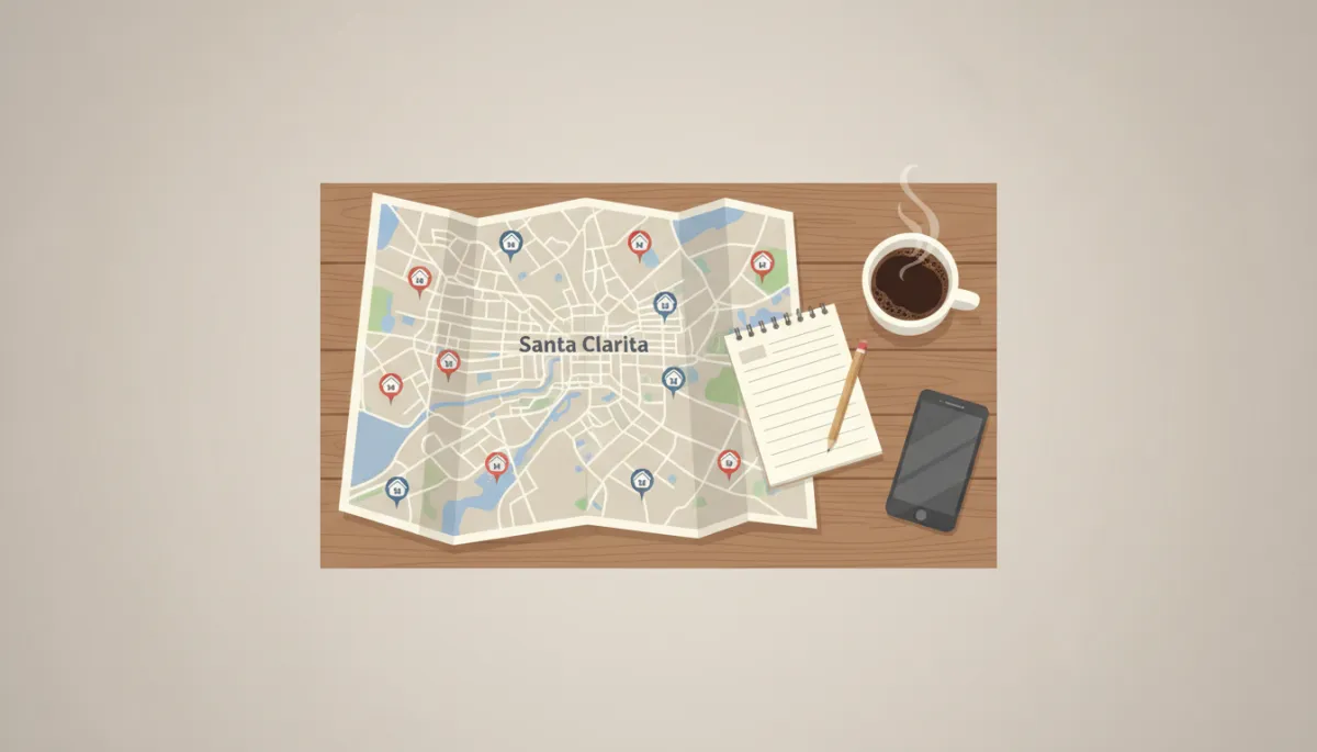 Illustrated map of Santa Clarita with open houses planned on a notepad Illustrated map of Santa Clarita with open houses planned on a notepad