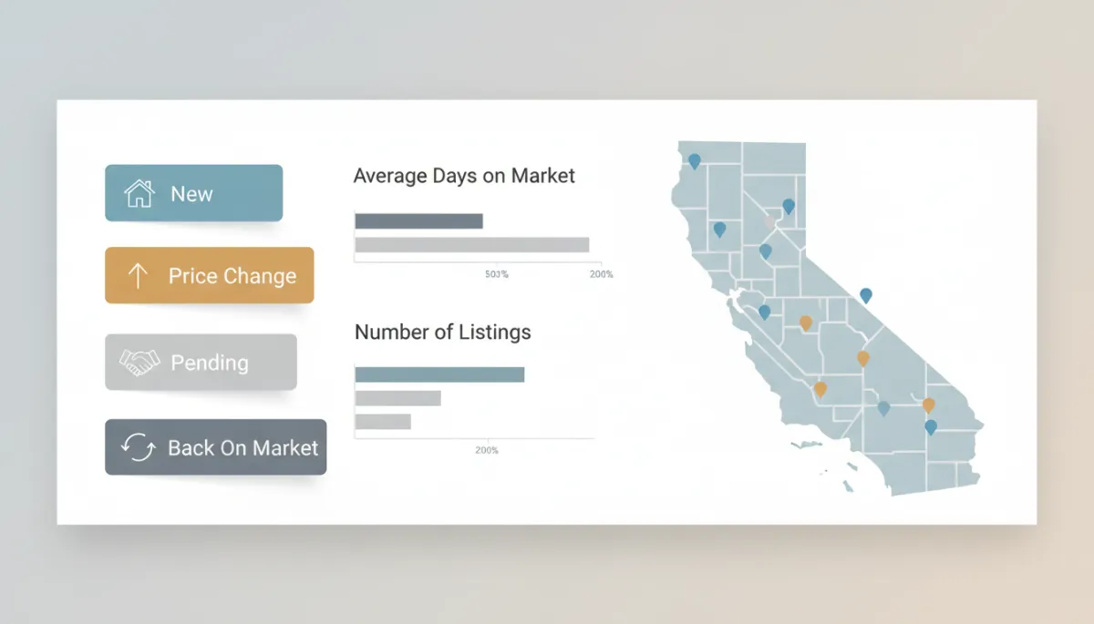 Illustrated dashboard showing different real estate listing status categories Illustrated dashboard showing different real estate listing status categories
