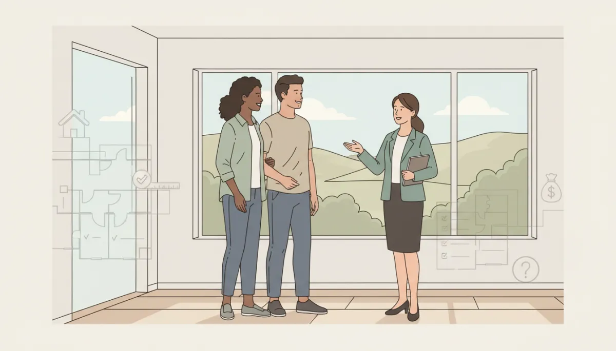 Illustrated couple touring an open house with their real estate agent Illustrated couple touring an open house with their real estate agent