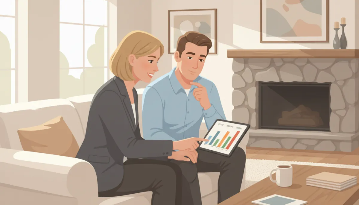 Illustrated homeowner and agent reviewing market status data on a tablet Illustrated homeowner and agent reviewing market status data on a tablet