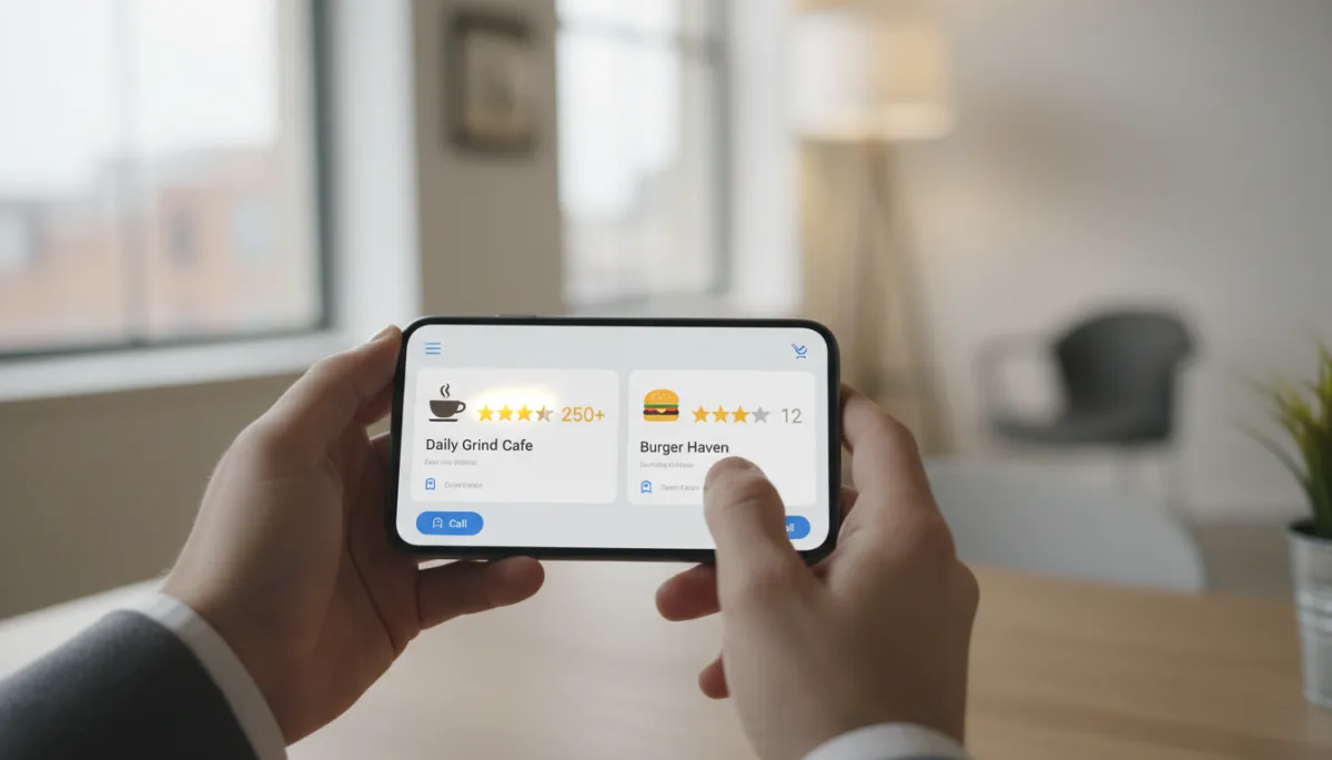 Customer comparing local business listings and their online ratings on a smartphone Customer comparing local business listings and their online ratings on a smartphone