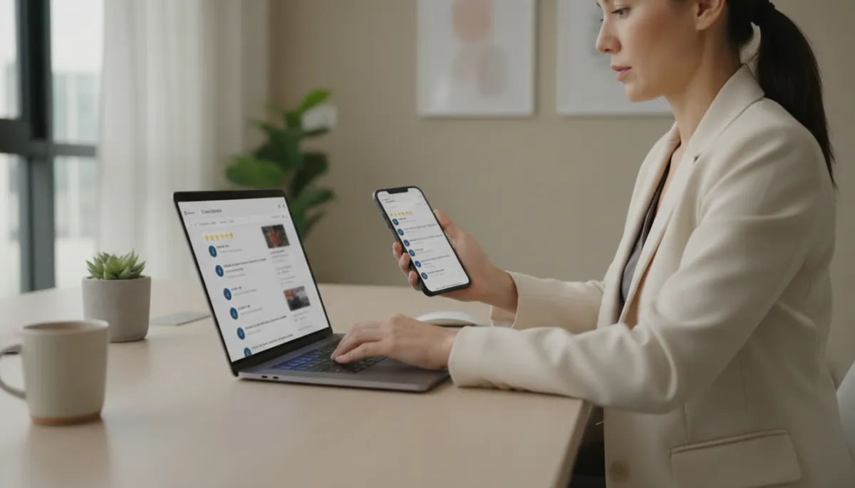 Business manager responding to online customer reviews on laptop and phone