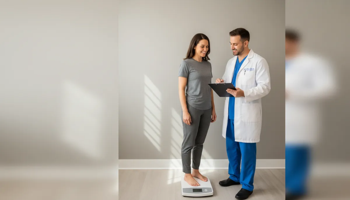 Clinician and patient reviewing steady medical weight loss progress on a digital scale