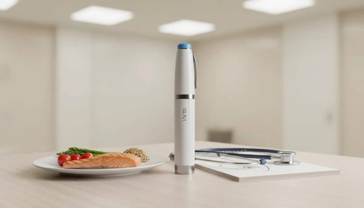 GLP-1 injection pen placed beside a healthy meal and physician notes in a clinic