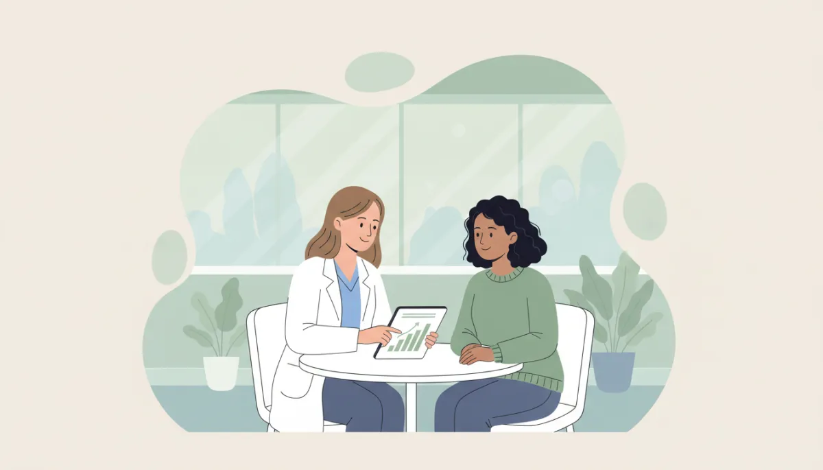 professional neutral-toned medical office in Lakeland FL, compassionate clinician reviewing weight loss progress chart with patient