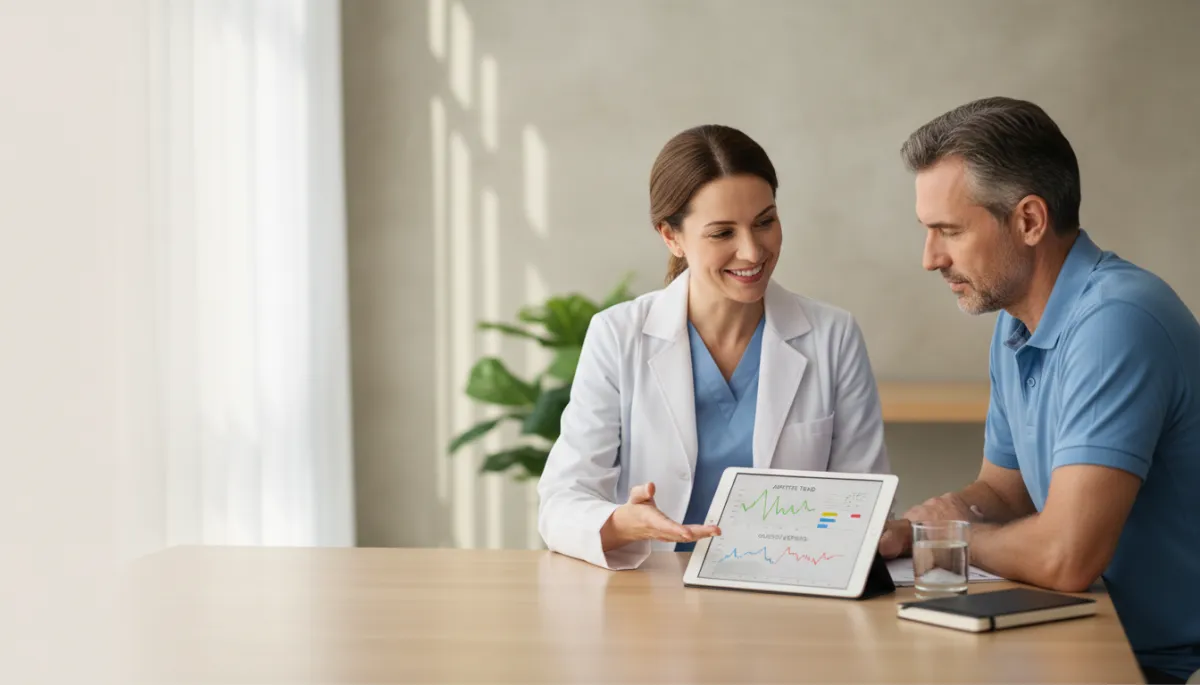 professional photorealistic scene of a compassionate medical provider in a neutral-toned clinic discussing a weight loss plan with a patient, tablet on the desk showing appetite and glucose charts, soft natural lighting