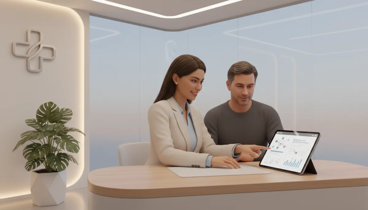 professional neutral-toned medical wellness clinic consultation, physician and patient reviewing weight loss injection therapy plan on tablet, calm lighting and modern decor
