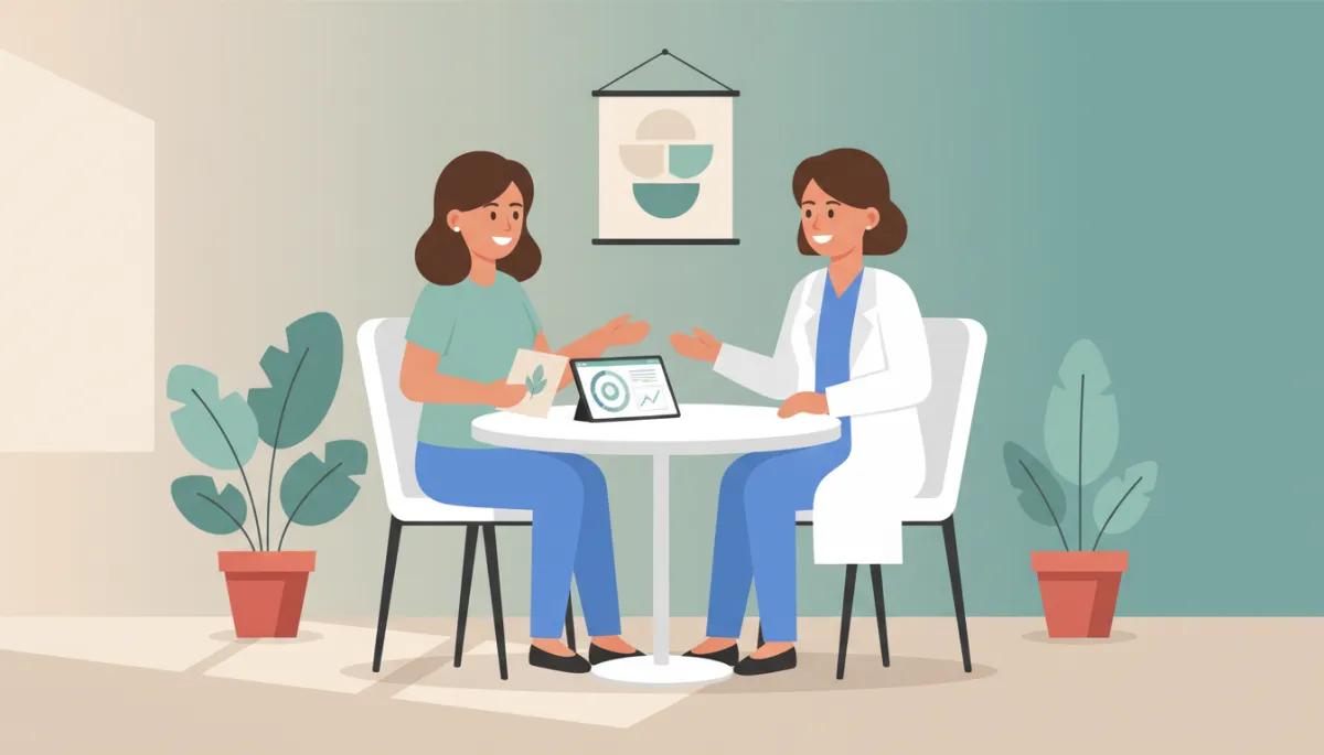 professional photorealistic scene of a calm medical consultation in a neutral-toned clinic office, compassionate healthcare provider discussing hormone therapy options with an adult patient, soft natural light, subtle wellness decor