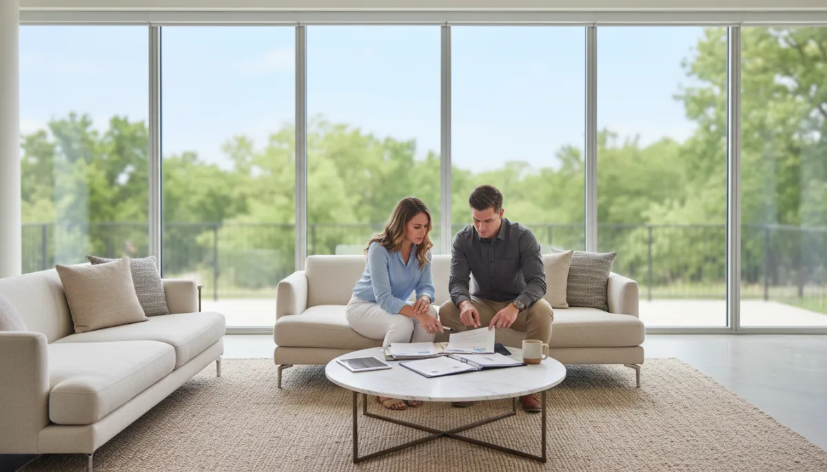 Professional interior of a modern living room where a couple reviews home-buying documents