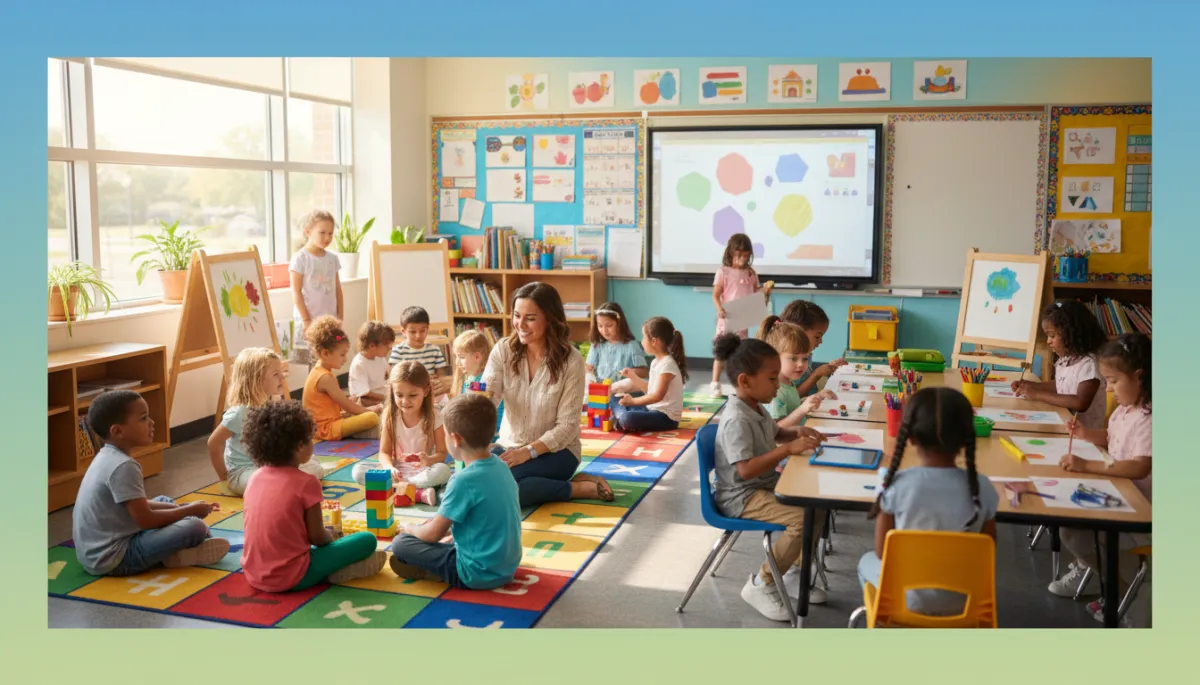 A 100% realistic, high-resolution photograph of real elementary school students participating in a classroom activity at a modern Edmond, Oklahoma public school. The classroom should be bright and inviting, with diverse, engaged children and a teacher interacting naturally. The scene must look completely authentic and unstaged, with no sign of digital rendering, AI artifacts, or artificial elements. A 100% realistic, high-resolution photograph of real elementary school students participating in a classroom activity at a modern Edmond, Oklahoma public school. The classroom should be bright and inviting, with diverse, engaged children and a teacher interacting naturally. The scene must look completely authentic and unstaged, with no sign of digital rendering, AI artifacts, or artificial elements.