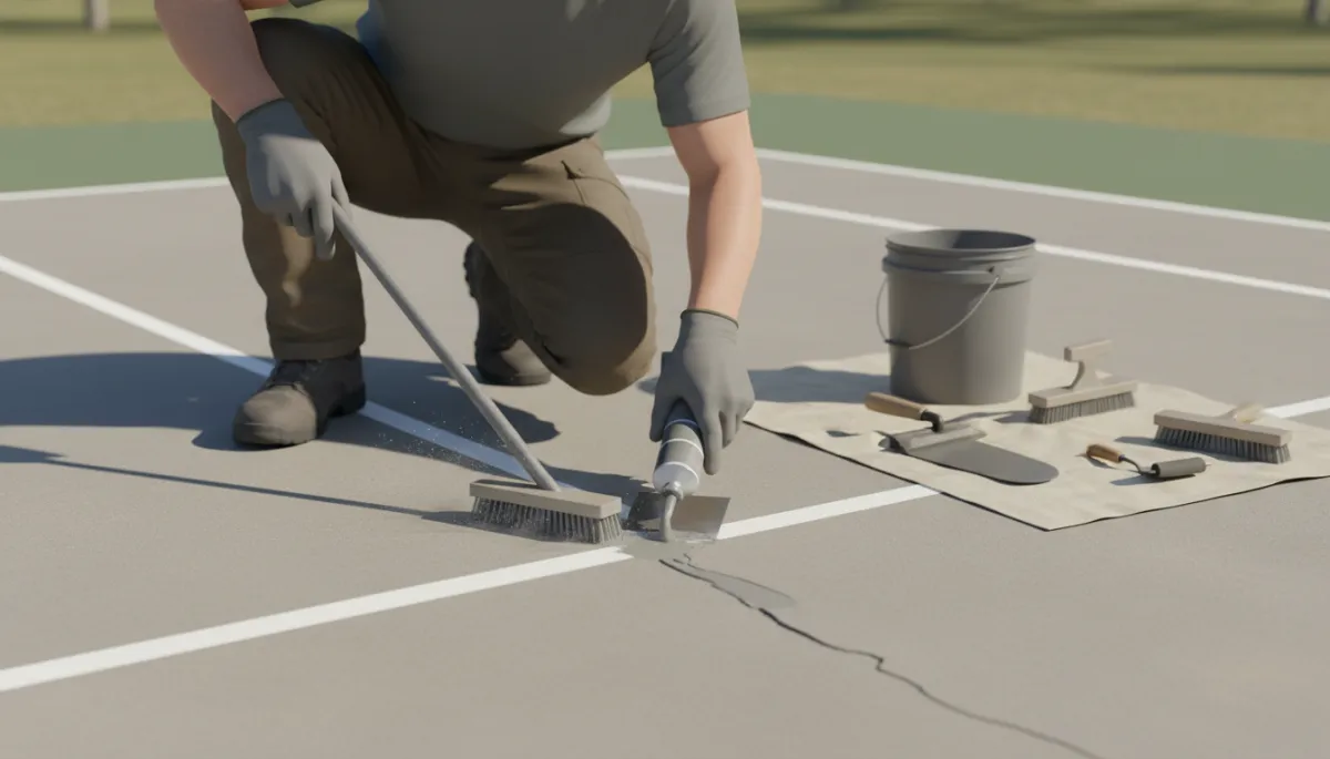 Worker cleaning and patching a worn pickleball court before repainting Worker cleaning and patching a worn pickleball court before repainting