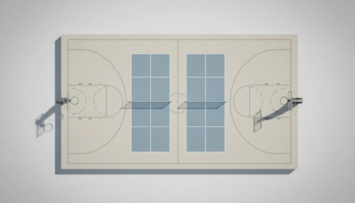 Professional diagram of two pickleball courts overlaid on one basketball court Professional diagram of two pickleball courts overlaid on one basketball court
