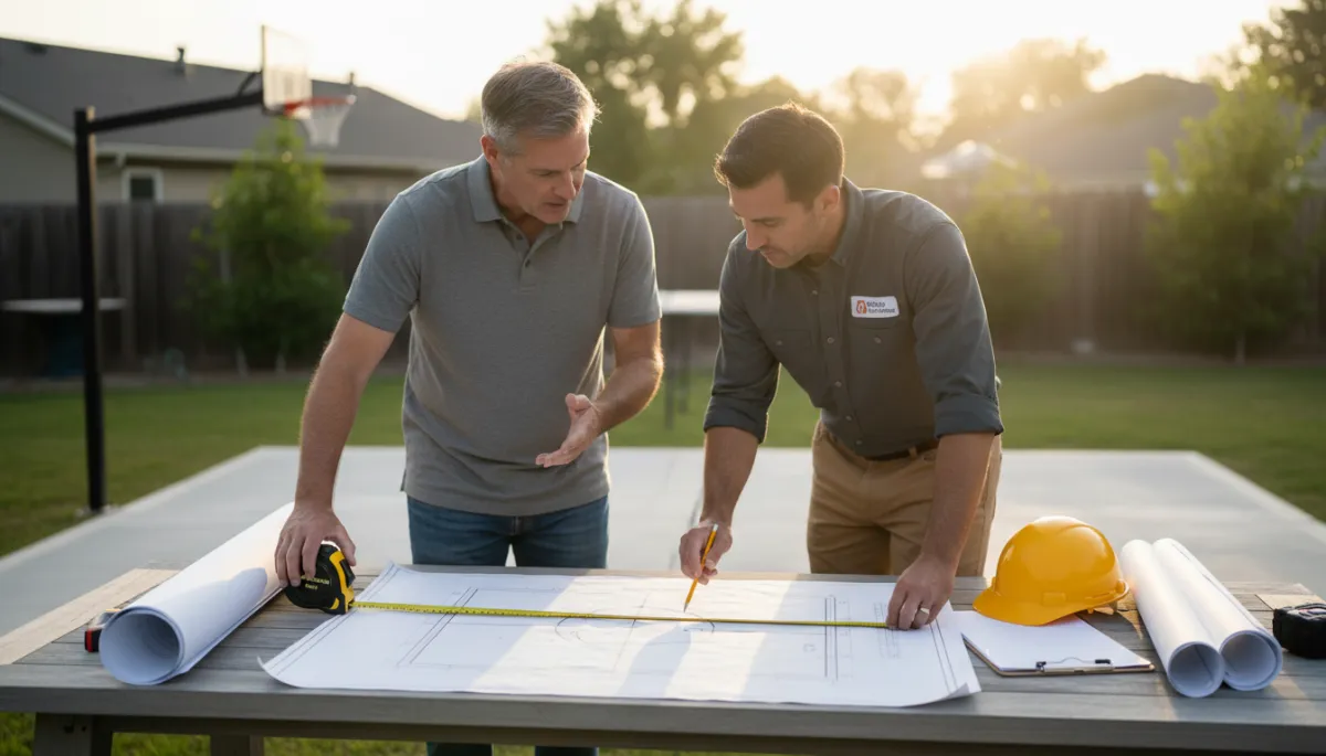 Homeowner and contractor planning a simple backyard basketball court