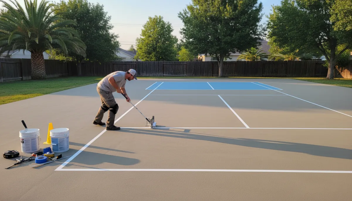 Contractor painting pickleball court lines on a freshly coated residential surface in Sacramento