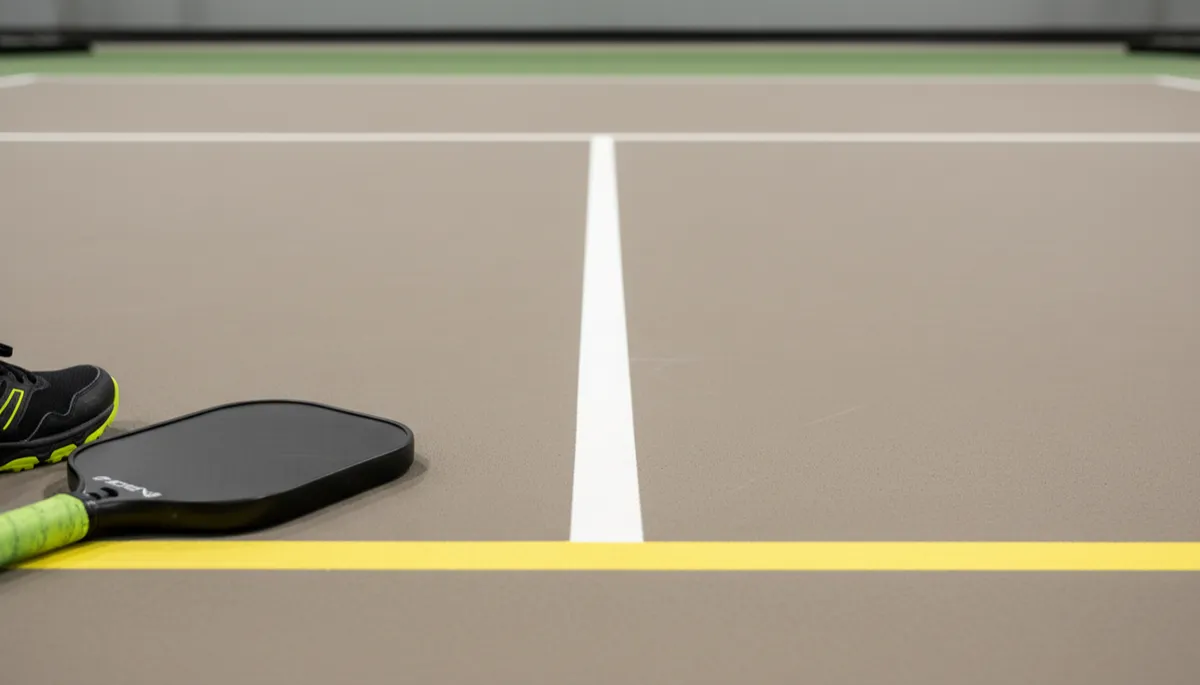 Realistic close-up of indoor pickleball court coating and court lines