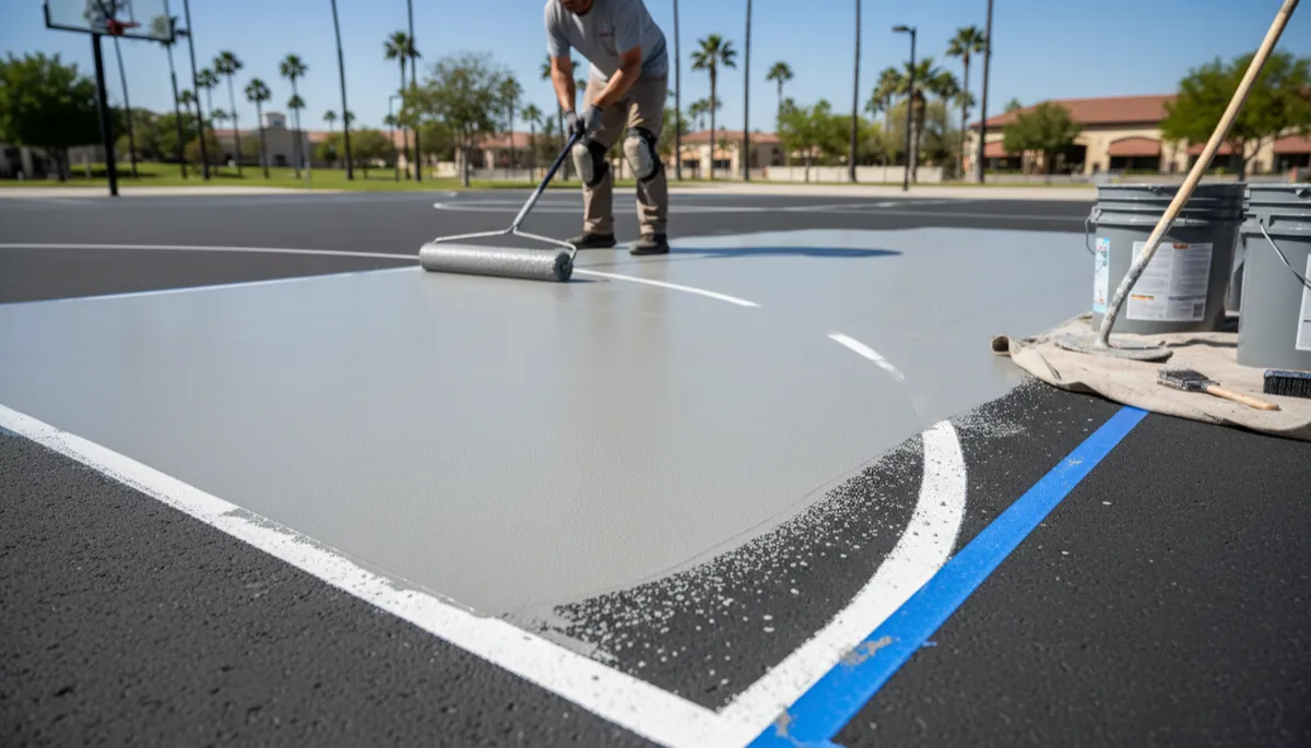 Professional applying sports coating to an outdoor basketball court surface