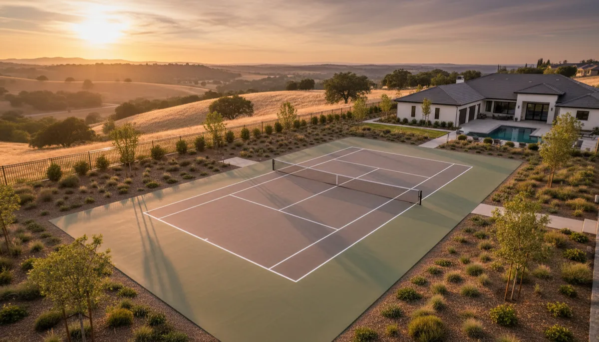 A highly realistic, professionally photographed aerial view of a neutral-toned backyard tennis court at a stylish Sacramento suburban home during sunset, with clean lines, manicured landscaping, and distant foothills in the background. The court should look newly finished, with natural lighting and lifelike textures. A highly realistic, professionally photographed aerial view of a neutral-toned backyard tennis court at a stylish Sacramento suburban home during sunset, with clean lines, manicured landscaping, and distant foothills in the background. The court should look newly finished, with natural lighting and lifelike textures.