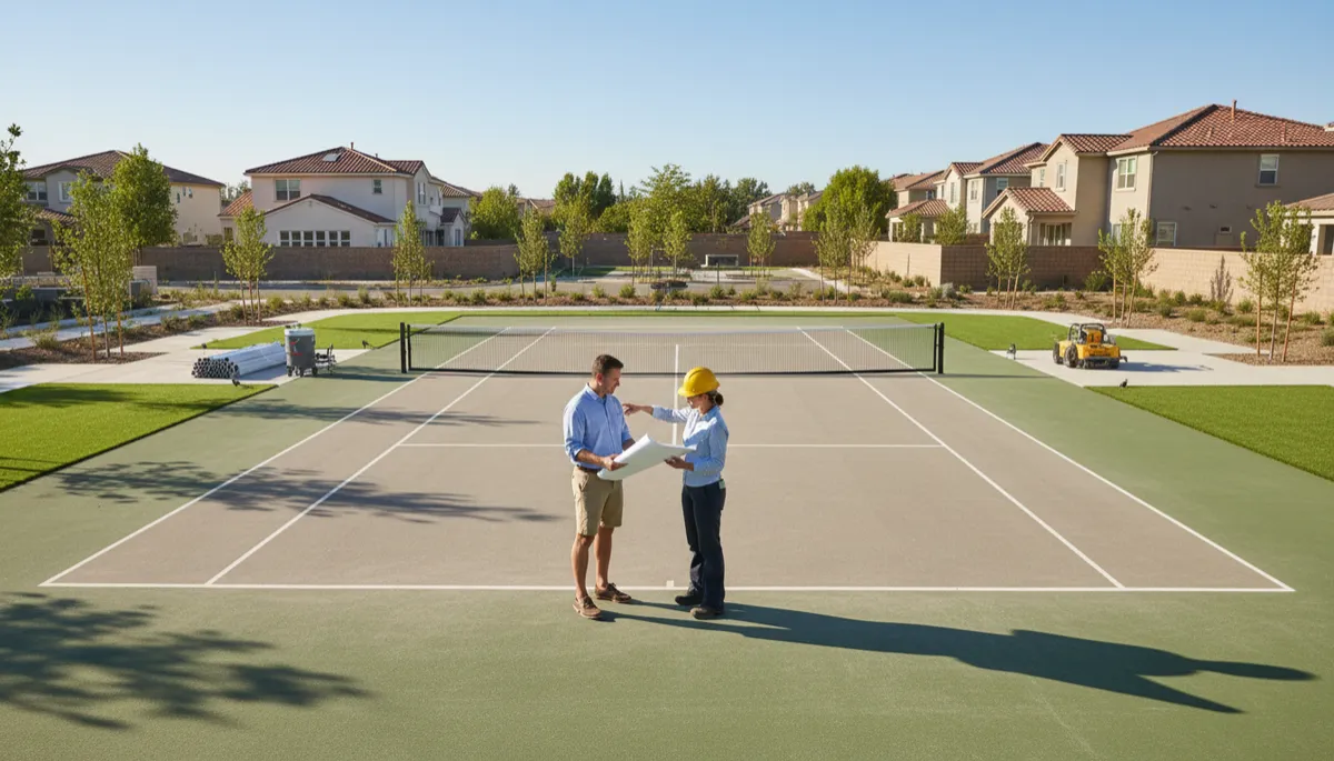 A photo-realistic image showing a homeowner discussing plans with a professional contractor beside a nearly finished, neutral-toned backyard tennis court in Sacramento. The setting should include authentic construction details, modern equipment, and a realistic suburban landscape. A photo-realistic image showing a homeowner discussing plans with a professional contractor beside a nearly finished, neutral-toned backyard tennis court in Sacramento. The setting should include authentic construction details, modern equipment, and a realistic suburban landscape.