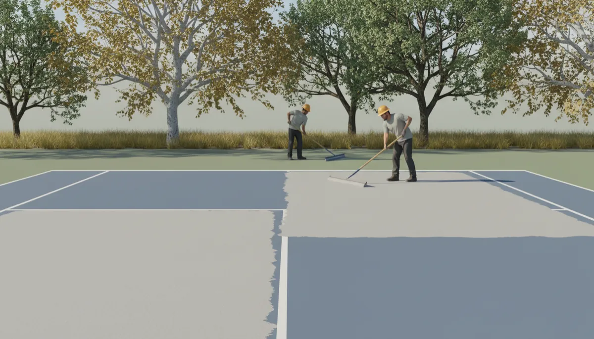 Professional crew applying acrylic coating to a tennis court surface