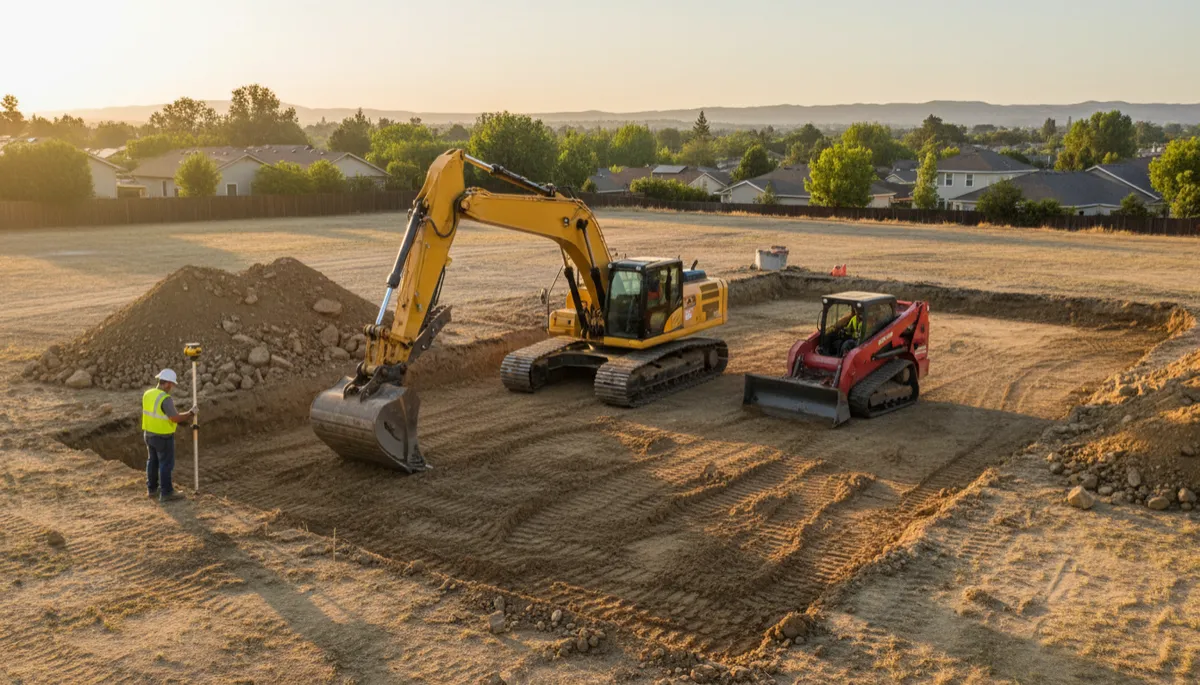 add realistic image for "excavation" after the "Site Preparation and Grading: Building on Solid Ground". Context: This is for a blog post about "Full Tennis Court Construction in Sacramento: From Empty Yard to Finished Court". Style: Professional quality, photorealistic, high resolution