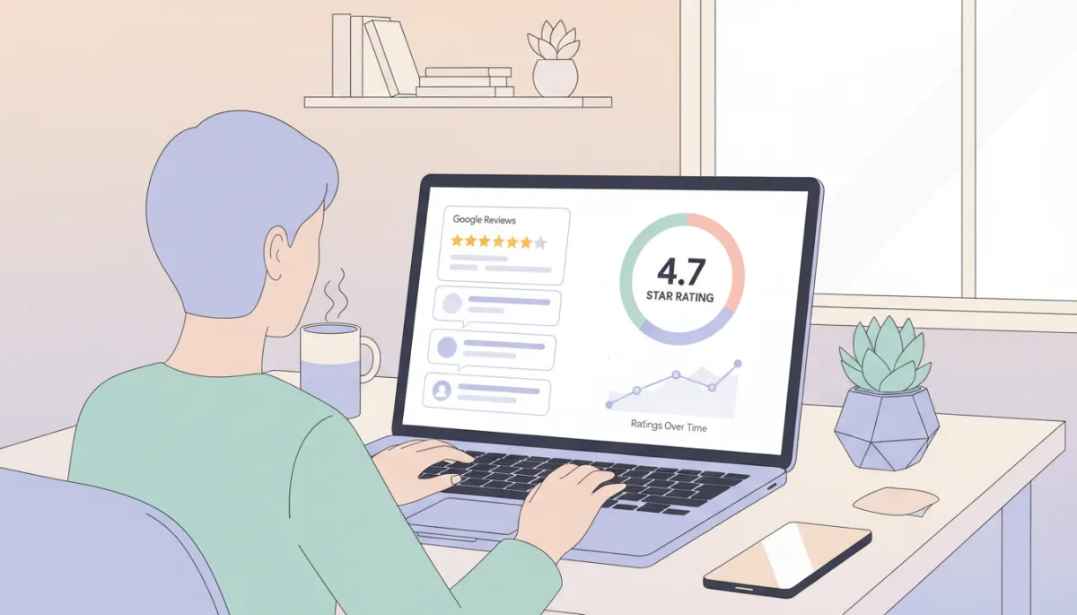 Business owner managing Google Reviews and responding to customer feedback Business owner managing Google Reviews and responding to customer feedback