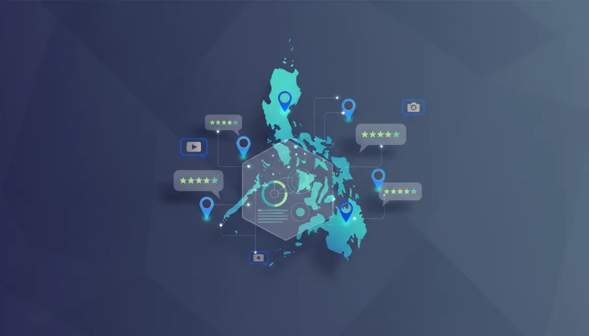 Map of the Philippines connected to AI answers, reviews, and social media metrics in a modern design Map of the Philippines connected to AI answers, reviews, and social media metrics in a modern design