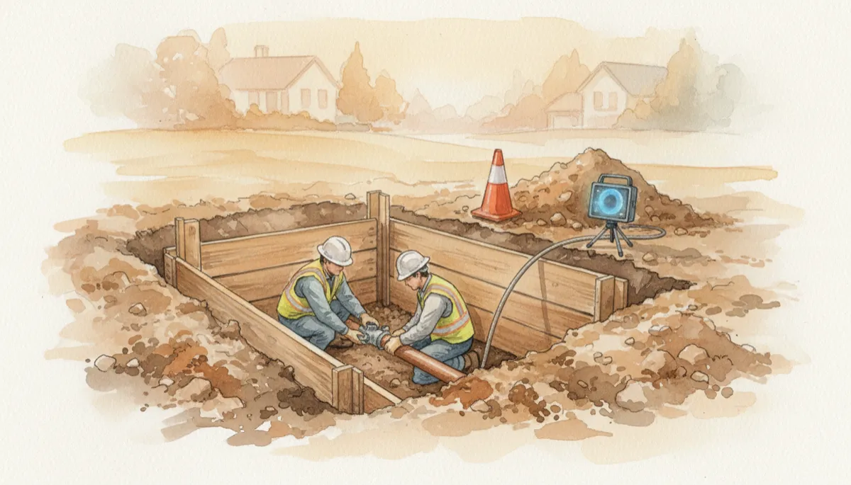 Utility crew installing a residential sewer tap and inspecting the line with CCTV