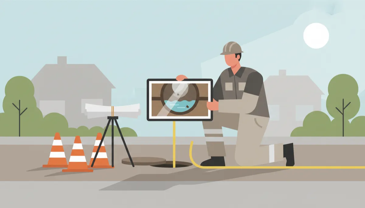 Utility technician performing CCTV inspection on a new sewer connection