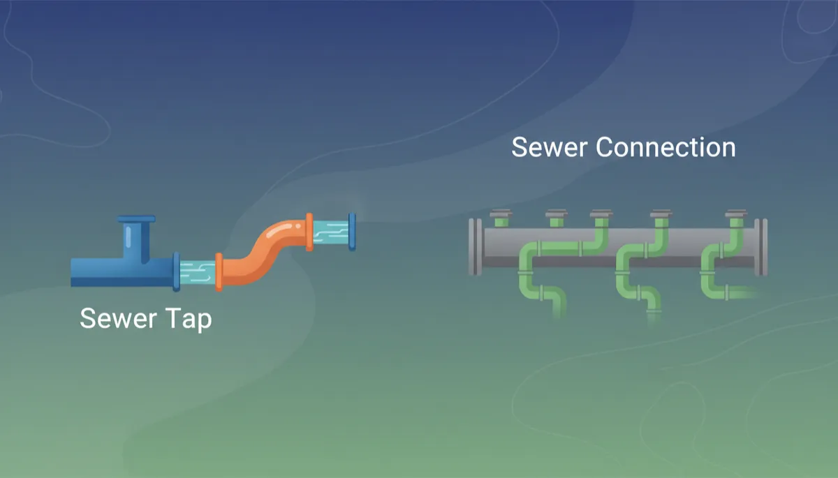 Utility crew installing underground sewer line on residential street