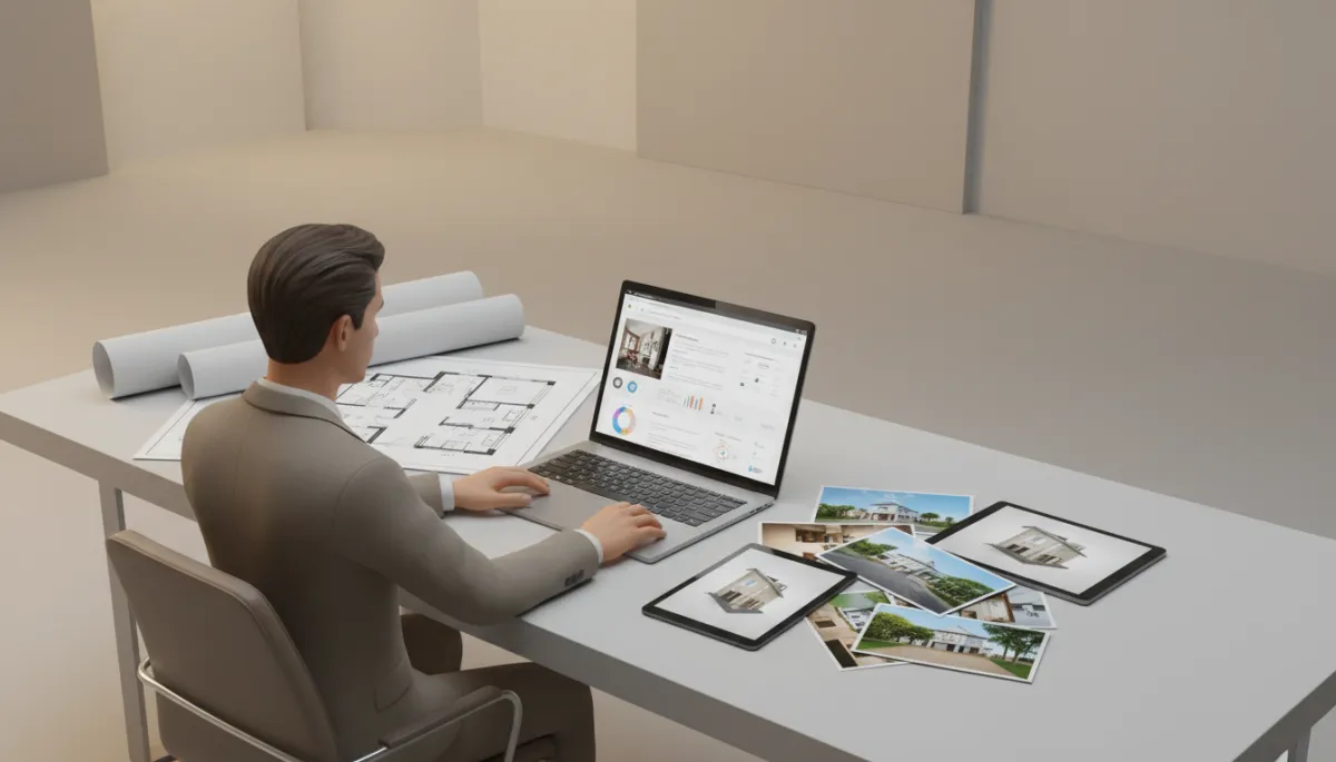 Real estate agent optimizing an online property listing on a laptop Real estate agent optimizing an online property listing on a laptop