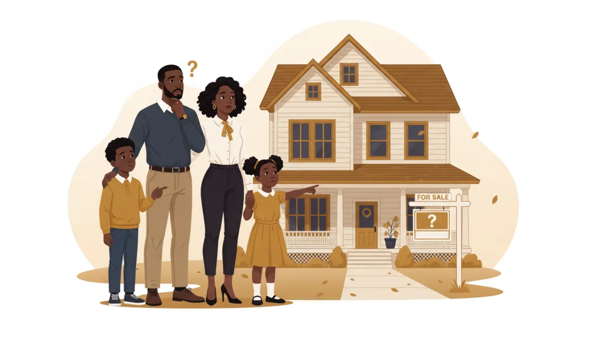 can you add african american images [Brand guidelines: use brand color palette #AB9C8D, #CD9933, #CD9933, #FFFFFF, #000000]. Context: This is for a blog post about "Have You Wondered Why Your House Has Not Sold Yet?". Style: Professional quality, photorealistic, high resolution