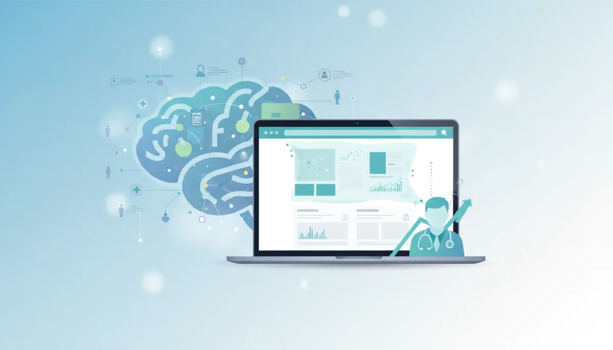 Consultorio médico moderno con médico y asistente revisando sitio web