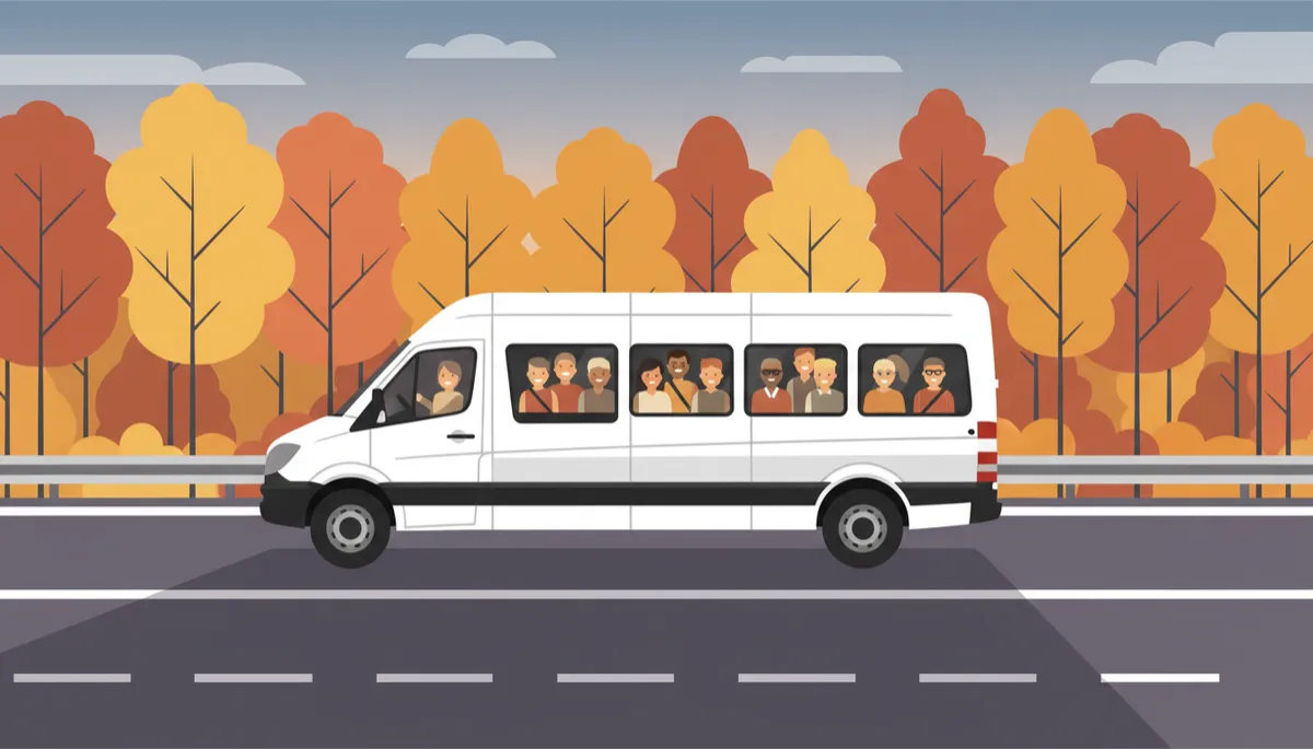12-passenger van driving on a scenic Ontario highway surrounded by trees