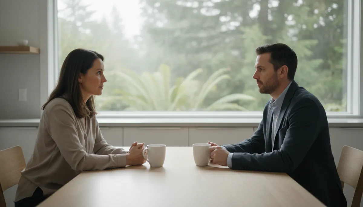 Couple having a calm, serious conversation at a kitchen table Couple having a calm, serious conversation at a kitchen table