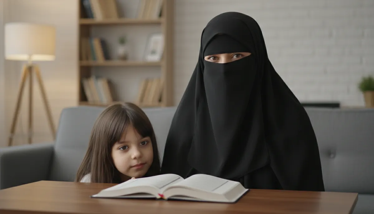 A warm, inviting living room scene showing a loving Muslim mother and her young son engaging in Quran study together. The mother is wearing a modest black naqaab, with only her eyes visible, conveying warmth and attentiveness through her posture and gaze. The boy, around 6-8 years old, wears a white salah prayer cap and traditional modest clothing, sitting beside his mother with a Quran open between them. The room features soft natural light, comfortable furnishings, and subtle Islamic decor such as calligraphy or prayer mats in the background. The mood is intimate and nurturing, reflecting the theme of integrating Quran lessons lovingly into everyday family life.