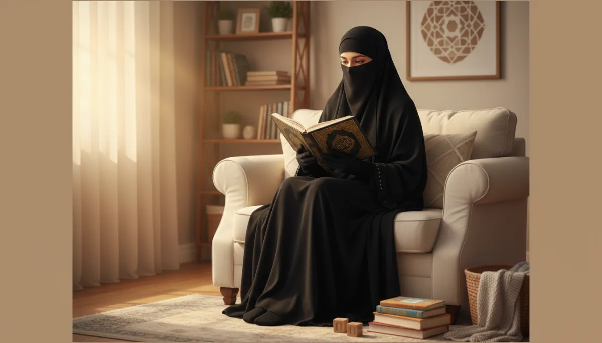 A photorealistic image of a Muslim mother sitting in a cozy, softly lit living room, holding an open Quran and reading with focused attention. She is wearing a black niqab that covers her face except for her eyes, along with a modest abaya. The atmosphere is calm and serene, with a hint of sunlight streaming through a window, highlighting the Quran's pages. In the background, subtle details such as children's toys or books suggest a busy household, emphasizing her dedication despite daily responsibilities. The overall mood is inspiring and respectful, visually representing the importance of mothers learning to read the Quran with Tajweed.