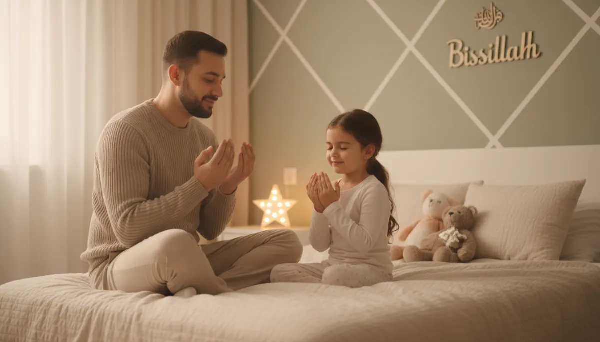 Vater spricht vor dem Schlafengehen mit seiner Tochter eine Dua Vater spricht vor dem Schlafengehen mit seiner Tochter eine Dua