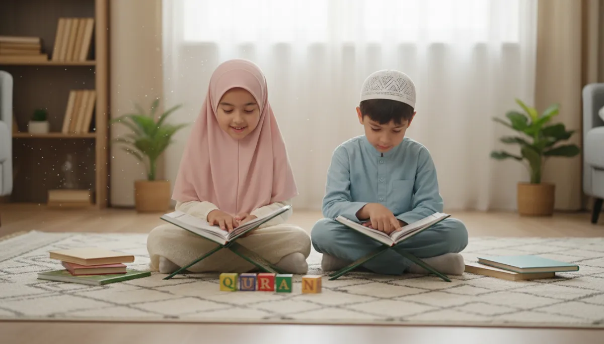 add two kids girl with hijaab and boy with salah mütze. Context: This is for a blog post about "Hifdh für Kinder – Wie man mit dem Quran-Auswendiglernen beginnt". Style: Professional quality, photorealistic, high resolution