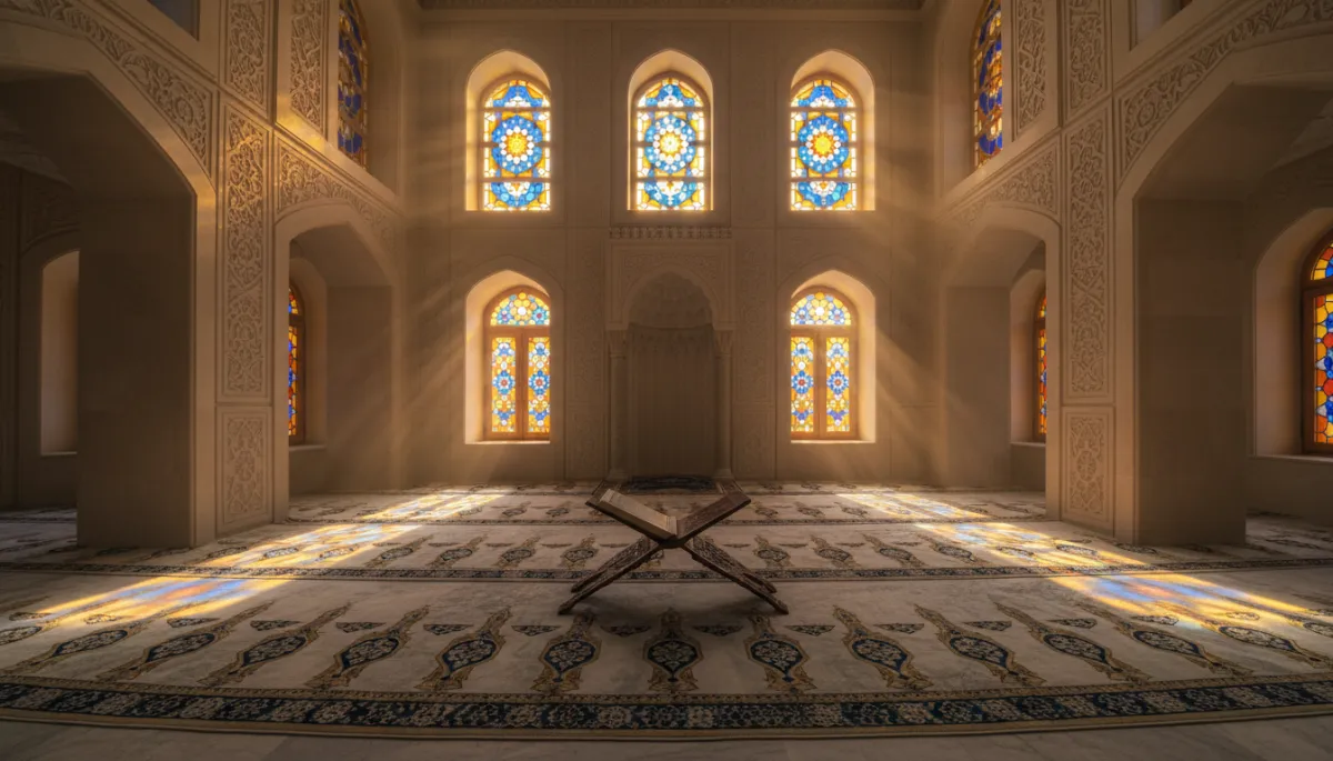 Ruhiger Gebetsraum in weichem goldenen Morgenlicht