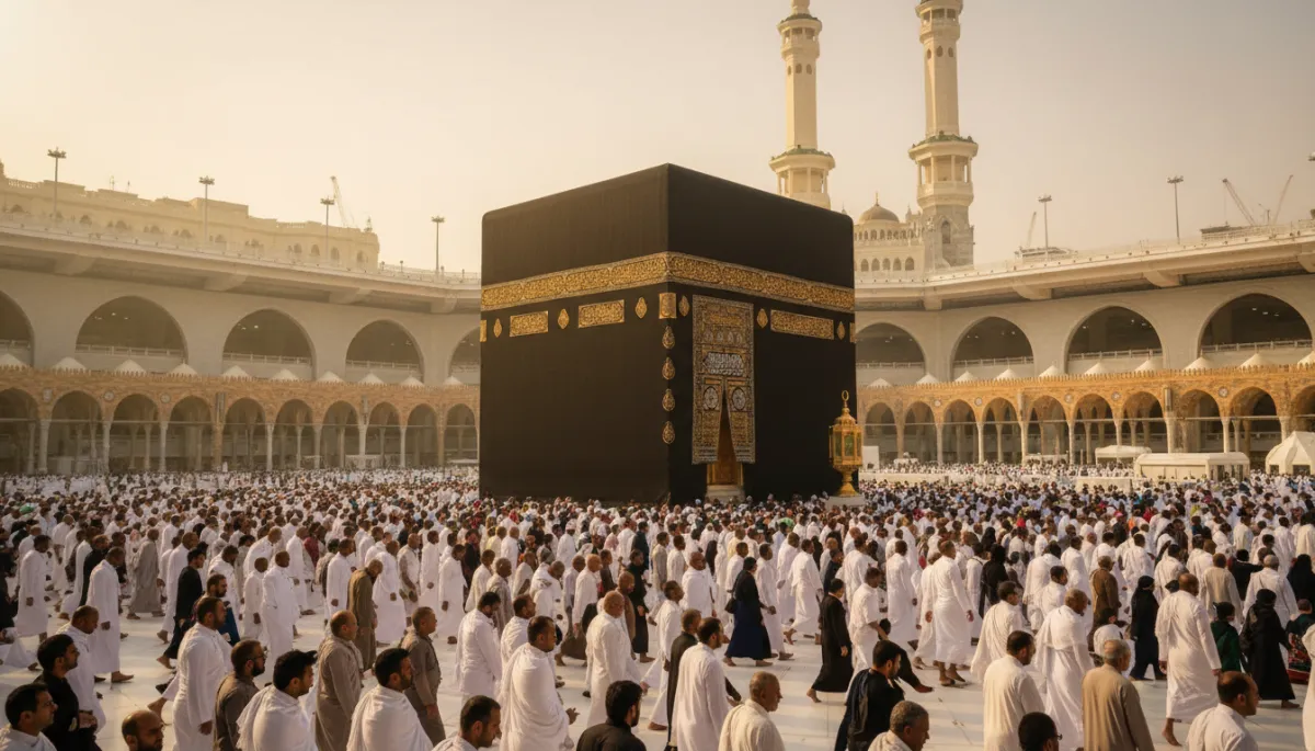 A photorealistic, high-resolution image of the Kaaba at the center of the Grand Mosque in Mecca during the early morning hours of Dhul-Hijjah. Soft golden sunlight bathes the sacred site, illuminating the black and gold-embroidered Kiswah of the Kaaba. Pilgrims of diverse backgrounds, dressed in simple white ihram garments, walk in peaceful circles around the Kaaba, symbolizing unity and devotion. The atmosphere is serene and contemplative, capturing the spiritual significance of the first ten days of Dhul-Hijjah. In the background, the elegant arches and minarets of Masjid al-Haram are visible, with a subtle, warm glow enhancing the sacred ambiance. The composition emphasizes spiritual reflection and renewal, making it ideal for a professional blog about spiritual training during Dhul-Hijjah.