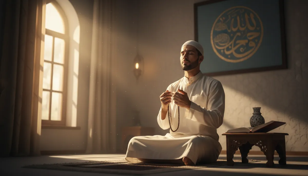 A photorealistic image of a Muslim man without a mustache, peacefully engaged in Dhikr (remembrance of God), holding a prayer bead (Misbaha) in his hands. He is seated in a serene, softly lit room with warm golden light streaming through a window, creating a spiritual and contemplative atmosphere. The setting suggests early morning or evening during the first ten days of Dhul-Hijjah, with subtle Islamic decorative elements in the background. The man's expression is calm and focused, dressed modestly in traditional attire, embodying introspection and devotion. The overall mood is tranquil, inspiring spiritual reflection and discipline in line with the blog's theme.