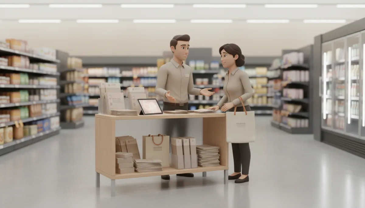 Agent at a compliant information table in a grocery retail setting Agent at a compliant information table in a grocery retail setting