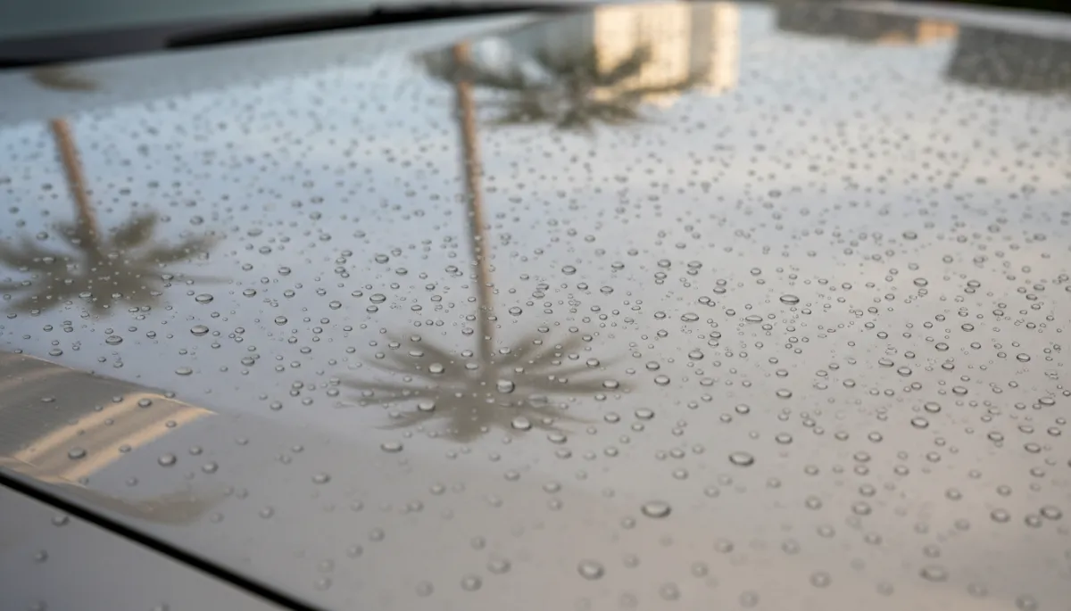 Close-up of ceramic-coated car hood with water beading in South Florida Close-up of ceramic-coated car hood with water beading in South Florida