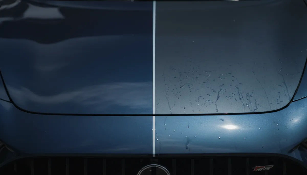 Comparison of protected and neglected paint on a luxury vehicle hood Comparison of protected and neglected paint on a luxury vehicle hood