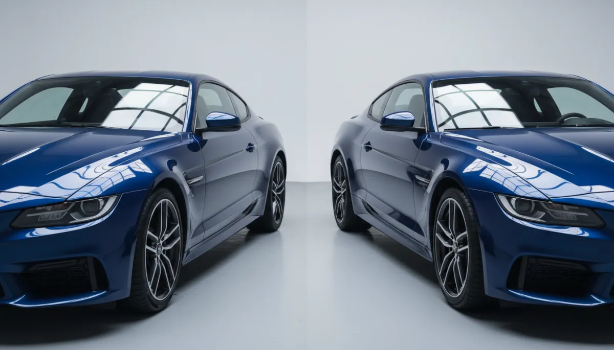 Side-by-side comparison of ceramic coated and waxed car finishes Side-by-side comparison of ceramic coated and waxed car finishes