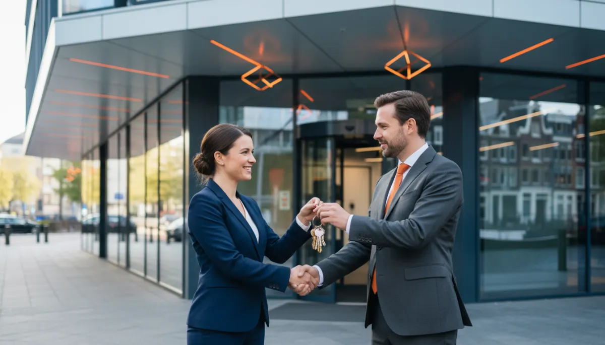 Handdruk en sleuteloverdracht bij succesvolle verhuur of verkoop van bedrijfsruimte in Amsterdam