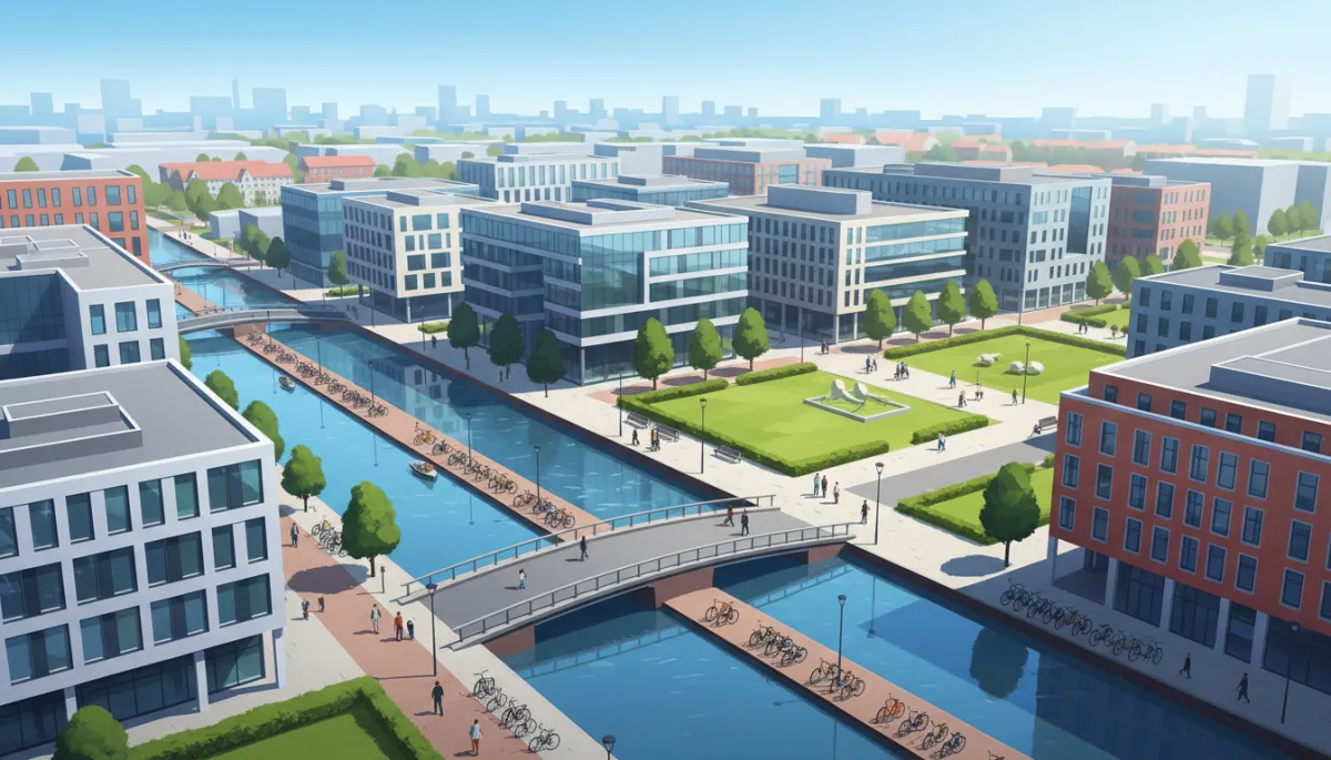 A professional, bright photo taken in daylight of a modern Amsterdam business property or business park, photographed from an aerial or exterior perspective. The style is corporate, clean, and contemporary, conveying a distinctly Amsterdam atmosphere.