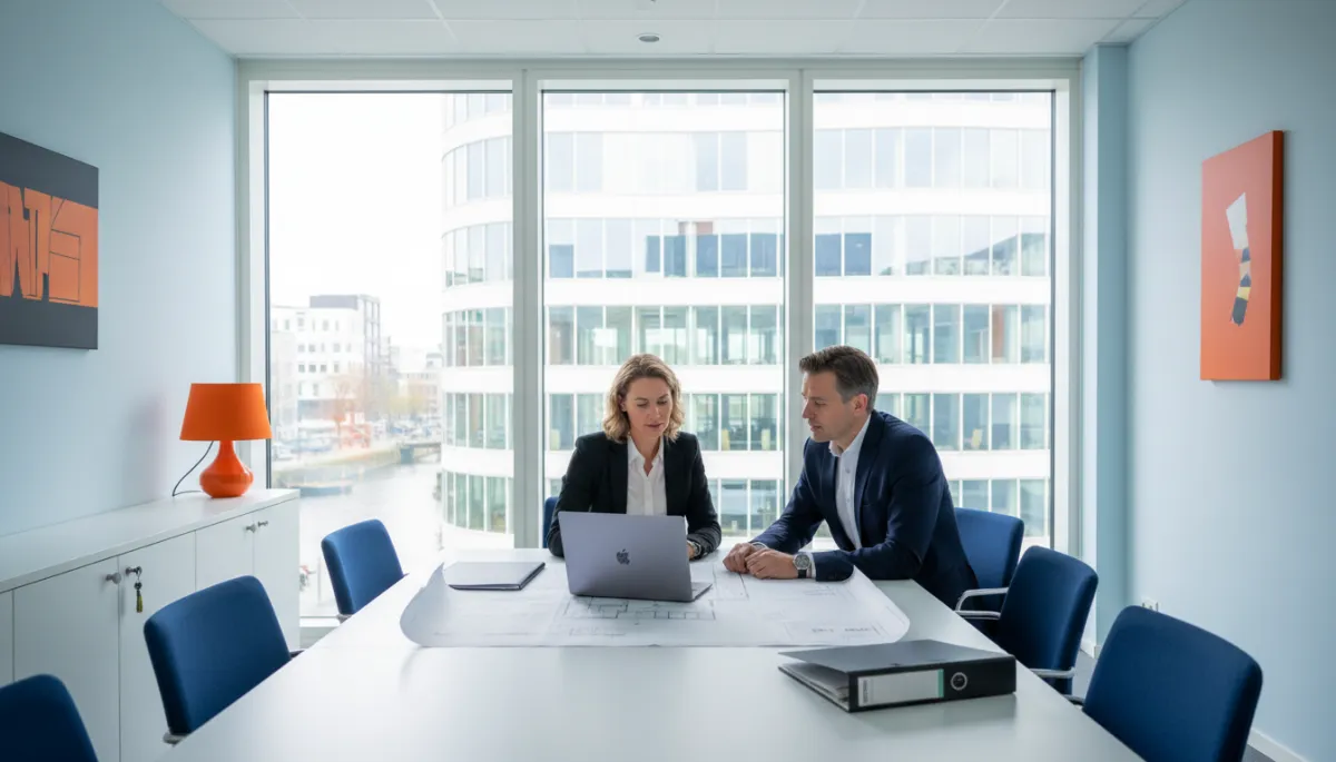 Eigenaar en bedrijfsmakelaar in overleg over verhuur van een bedrijfspand
