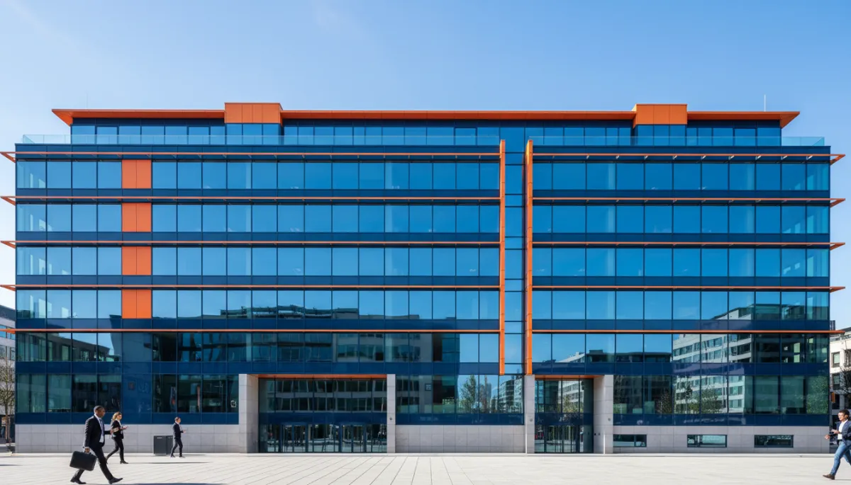 zakelijke fotografie van modern bedrijfspand exterieur in Amsterdam, heldere lucht, grote glazen gevel, kleuraccenten in donkerblauw (#102e58) en oranje (#ff6c00), lichte reflecties in ramen, nette stoep en enkele passerende zakelijke voetgangers