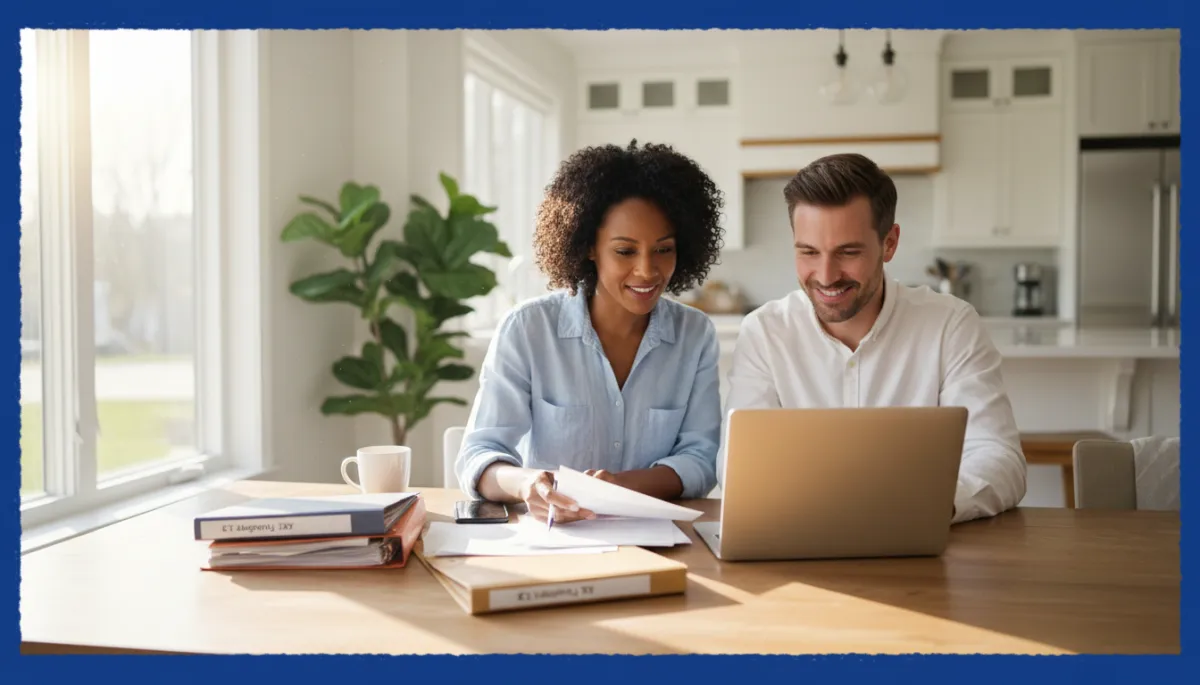 Add a hero image to this blog post about Connecticut property taxes. Generate 1 image: 600x400px bright natural photography of a diverse Connecticut couple at a sunny kitchen table confidently reviewing property tax documents and a laptop, organized paperwork, optimistic and empowered mood, bold hand-drawn royal blue #1b489b border around the entire photo. Alt text must describe the image relevantly.. Context: This is for a blog post about "Understanding Connecticut Property Taxes What Every Home Buyer and Owner Needs to Know in 2026". Style: Professional quality, photorealistic, high resolution